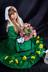 Rating: Safe Score: 0 Tags: 1girl blonde_hair bouquet brown_hair dress flower green_dress lips long_hair rose solo suiseiseki User: admin