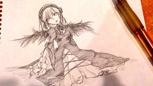 Rating: Safe Score: 0 Tags: 1girl dress flower frilled_sleeves frills hairband image long_hair long_sleeves looking_at_viewer monochrome open_mouth rose solo suigintou traditional_media wide_sleeves wings User: admin