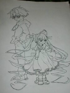 Rating: Safe Score: 0 Tags: 1boy 1girl dress frills glasses greyscale hood hoodie image long_hair long_sleeves monochrome shinku shoes solo standing traditional_media very_long_hair User: admin