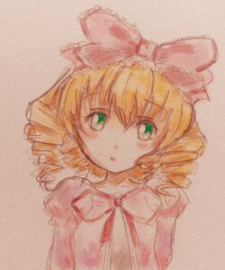 Rating: Safe Score: 0 Tags: 1girl :o blonde_hair bow dress drill_hair eyebrows_visible_through_hair green_eyes hair_bow hina_ichigo hinaichigo image looking_at_viewer pink_bow puffy_sleeves short_hair solo traditional_media upper_body User: admin