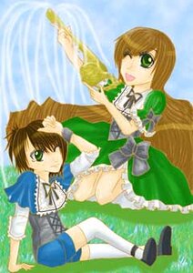 Rating: Safe Score: 0 Tags: ;d blue_dress brown_hair dress green_dress green_eyes image looking_at_viewer one_eye_closed open_mouth outdoors pair short_hair short_sleeves siblings sitting smile souseiseki suiseiseki thighhighs twins white_legwear User: admin
