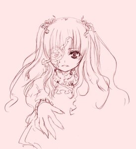 Rating: Safe Score: 0 Tags: 1girl bangs eyepatch flower hair_flower hair_ornament image kirakishou long_hair long_sleeves looking_at_viewer monochrome parted_lips pink_theme rose simple_background solo striped two_side_up upper_body vertical_stripes User: admin