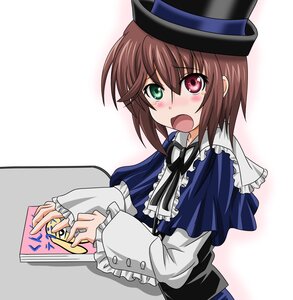 Rating: Safe Score: 0 Tags: 1boy 1girl blue_dress blush book brown_hair capelet commentary_request dress embarrassed frills green_eyes hat heterochromia image kunkun kuso_miso_technique long_sleeves open_mouth parody red_eyes rozen_maiden short_hair solo souseiseki striped takumi_(rozen_garten) tears top_hat translated User: admin