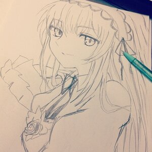 Rating: Safe Score: 0 Tags: 1girl bangs bare_shoulders blue_flower blue_rose breasts closed_mouth eyebrows_visible_through_hair flower hair_ribbon hairband image long_hair looking_at_viewer monochrome ribbon rose shinku simple_background sketch smile solo suigintou traditional_media User: admin
