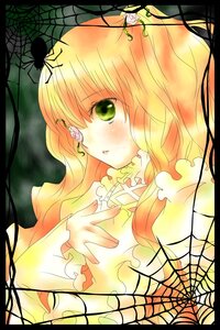 Rating: Safe Score: 0 Tags: 1girl black_border blonde_hair dress earrings frills green_eyes image jewelry kirakishou letterboxed long_hair silk solo spider_web vines User: admin