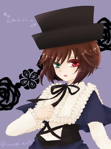 Rating: Safe Score: 0 Tags: brown_hair hat heterochromia image long_sleeves purple_background red_eyes ribbon short_hair simple_background solo souseiseki twitter_username User: admin