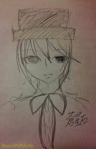 Rating: Safe Score: 0 Tags: 1girl artist_name bangs closed_mouth dated eyebrows_visible_through_hair hair_between_eyes hat image looking_at_viewer monochrome short_hair signature simple_background sketch solo souseiseki traditional_media upper_body User: admin