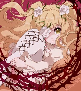 Rating: Safe Score: 0 Tags: 1girl blonde_hair dress eyepatch flower frills hair_flower hair_ornament image kirakishou long_hair pink_rose rose solo thorns torn_clothes two_side_up vines white_flower white_rose yellow_eyes User: admin