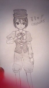 Rating: Safe Score: 0 Tags: auto_tagged bangs dated hat image long_sleeves looking_at_viewer monochrome short_hair shorts solo souseiseki standing User: admin