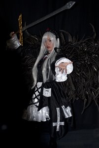 Rating: Safe Score: 0 Tags: 1girl black_dress dress gothic_lolita hairband jewelry lips lolita_fashion long_hair long_sleeves outstretched_arm solo suigintou weapon white_hair User: admin