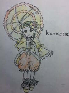 Rating: Safe Score: 0 Tags: 1girl blush bow dress drill_hair frills full_body green_hair hair_ornament holding_umbrella image kanaria long_sleeves looking_at_viewer open_mouth parasol photo solo standing traditional_media umbrella User: admin