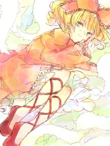 Rating: Safe Score: 0 Tags: 1girl blonde_hair bow cross-laced_footwear dress frills green_eyes hair_bow hina_ichigo hinaichigo image looking_at_viewer lying on_side red_footwear ribbon short_hair sketch smile solo User: admin
