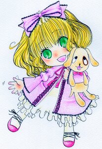 Rating: Safe Score: 0 Tags: 1girl blonde_hair bow colored_pencil_(medium) dress full_body green_eyes hair_bow hina_ichigo hinaichigo image long_sleeves looking_at_viewer open_mouth pink_bow pink_dress pink_footwear ribbon short_hair smile solo stuffed_animal teddy_bear traditional_media watercolor_(medium) User: admin