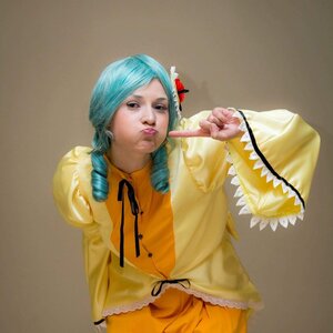 Rating: Safe Score: 0 Tags: 1girl blue_hair brown_background drill_hair flower hair_flower hair_ornament index_finger_raised kanaria lips long_sleeves nose photo realistic solo wide_sleeves User: admin