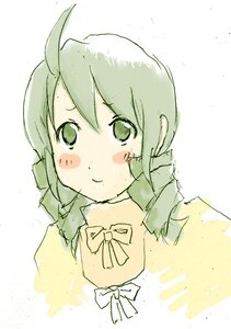 Rating: Safe Score: 0 Tags: 1girl ahoge blush eyebrows_visible_through_hair green_eyes green_hair image kanaria looking_at_viewer smile solo upper_body User: admin