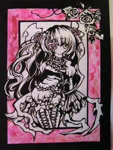 Rating: Safe Score: 0 Tags: 1girl dress flower frills hair_flower hair_ornament image kirakishou long_hair monochrome rose smile solo traditional_media very_long_hair vines User: admin