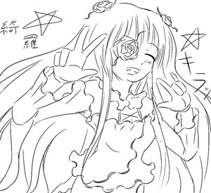 Rating: Safe Score: 0 Tags: 1girl double_v dress eyepatch flower frills greyscale grin image kirakishou lineart long_hair long_sleeves monochrome rose signature smile solo v User: admin