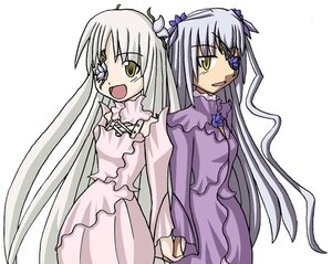 Rating: Safe Score: 0 Tags: 2girls :d barasuishou dress dual_persona eyepatch flower holding_hands image kirakishou long_hair long_sleeves multiple_girls open_mouth pair pink_dress silver_hair smile very_long_hair white_background yellow_eyes User: admin