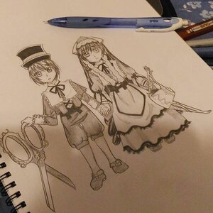 Rating: Safe Score: 0 Tags: 2girls capelet dress hat holding_hands image long_hair long_sleeves monochrome multiple_girls neck_ribbon pair ribbon short_hair shorts souseiseki suiseiseki sword usami_renko watch weapon User: admin