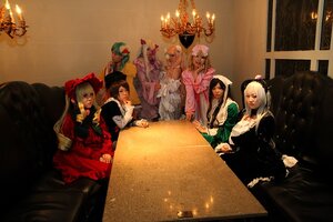Rating: Safe Score: 0 Tags: 6+girls 91076 black_hair blonde_hair bow brown_hair candle closed_eyes dress frills hair_ornament hat indoors long_hair long_sleeves multiple_cosplay multiple_girls pink_hair sitting smile tagme top_hat User: admin