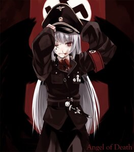 Rating: Safe Score: 0 Tags: 1girl armband belt blood blood_on_face cracked_skin hat image iron_cross kabocha_(monkey4) long_hair military military_hat military_uniform nazi one_eye_closed peaked_cap red_eyes rozen_maiden solo suigintou swastika uniform white_hair wings world_war_ii User: admin