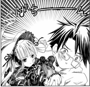 Rating: Safe Score: 0 Tags: 1boy 1girl blush bonnet dress glasses greyscale image lolita_fashion long_hair long_sleeves monochrome ribbon shinku solo User: admin