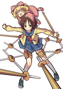 Rating: Safe Score: 0 Tags: 2girls >_< blonde_hair bow brown_hair closed_eyes hair_bow hina_ichigo hinaichigo image kashiwaba_tomoe kneehighs long_sleeves multiple_girls school_uniform serafuku short_hair skirt solo weapon white_legwear User: admin
