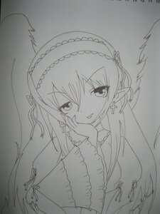 Rating: Safe Score: 0 Tags: 1girl cross dated earrings graphite_(medium) greyscale hairband image jewelry lineart long_hair looking_at_viewer monochrome photo pointy_ears signature smile solo suigintou traditional_media upper_body User: admin