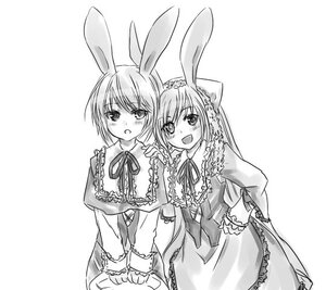 Rating: Safe Score: 0 Tags: 2girls animal_ears blush bunny_ears dress frills greyscale image long_sleeves monochrome multiple_girls open_mouth pair ribbon short_hair smile souseiseki suiseiseki User: admin