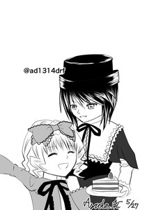 Rating: Safe Score: 0 Tags: 2girls blush bow cake closed_eyes dress food greyscale hat hinaichigo image long_sleeves monochrome multiple_girls pair ribbon short_hair smile souseiseki striped top_hat User: admin