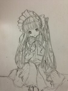 Rating: Safe Score: 0 Tags: 1girl apron blush dress eyebrows_visible_through_hair graphite_(medium) greyscale image long_hair long_sleeves looking_at_viewer monochrome photo shinku sketch solo traditional_media very_long_hair User: admin
