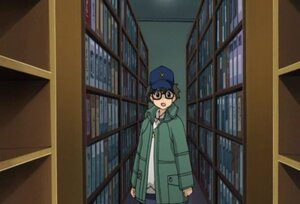 Rating: Safe Score: 0 Tags: 1girl :o black_hair blue_headwear bookshelf coat glasses hat human open_mouth railing sakurada_jun screenshot short_hair solo standing User: admin