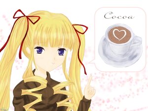 Rating: Safe Score: 0 Tags: 1girl bangs blonde_hair blue_eyes food hair_ribbon heart image index_finger_raised long_hair long_sleeves looking_at_viewer pointing ribbon shinku solo striped twintails upper_body User: admin