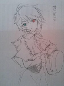 Rating: Safe Score: 0 Tags: 1girl capelet character_name frills hat_removed headwear_removed heterochromia holding holding_hat image long_sleeves looking_at_viewer monochrome red_eyes short_hair solo souseiseki spot_color traditional_media User: admin