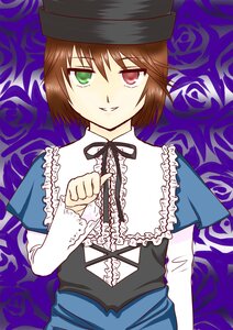 Rating: Safe Score: 0 Tags: blue_dress brown_hair dress floral_background flower frills green_eyes hat heterochromia image long_sleeves purple_rose red_eyes ribbon rose short_hair smile solo souseiseki suiseiseki User: admin