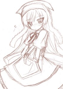 Rating: Safe Score: 0 Tags: 1girl auto_tagged blush dress frills image long_hair long_sleeves looking_at_viewer monochrome simple_background solo suiseiseki v_arms very_long_hair white_background User: admin