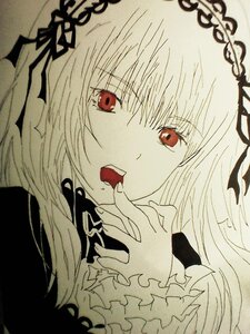 Rating: Safe Score: 0 Tags: 1girl bangs black_ribbon dress eyebrows_visible_through_hair frills image long_hair long_sleeves looking_at_viewer red_eyes ribbon rose simple_background solo suigintou tongue tongue_out traditional_media User: admin