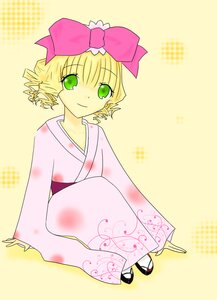 Rating: Safe Score: 0 Tags: 1girl blonde_hair bow full_body green_eyes hair_bow hina_ichigo hinaichigo image japanese_clothes kimono long_sleeves looking_at_viewer pink_bow pink_kimono sandals sash short_hair smile solo tabi yellow_background User: admin
