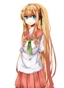 Rating: Safe Score: 0 Tags: 1girl arms_behind_back blonde_hair blue_eyes hair_ribbon image long_hair pleated_skirt ribbon school_uniform serafuku shinku short_sleeves skirt smile solo striped vertical_stripes very_long_hair white_background User: admin