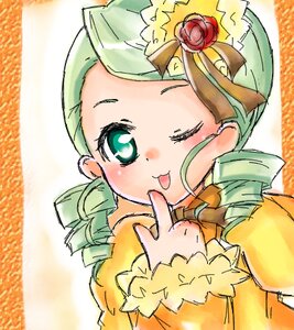 Rating: Safe Score: 0 Tags: 1girl blush dress drill_hair flower green_eyes green_hair hat image kanaria long_sleeves looking_at_viewer one_eye_closed open_mouth red_flower red_rose rose smile solo twin_drills upper_body User: admin