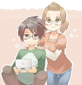Rating: Safe Score: 0 Tags: 1boy 1girl black_hair brown_eyes denim dress glasses jeans long_sleeves pants smile sweatdrop User: admin