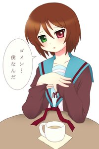 Rating: Safe Score: 0 Tags: 1girl bangs blue_sailor_collar blush brown_hair cup heterochromia image kita_high_school_uniform kurappii long_sleeves looking_at_viewer nagato_yuki parody ribbon rozen_maiden sailor_collar school_uniform serafuku short_hair solo souseiseki suzumiya_haruhi_no_yuuutsu teacup translated User: admin
