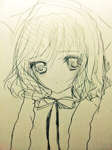 Rating: Safe Score: 0 Tags: 1girl bangs closed_mouth costume_switch eyebrows_visible_through_hair hair_between_eyes image looking_at_viewer monochrome neck_ribbon ribbon short_hair solo traditional_media User: admin