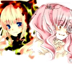 Rating: Safe Score: 0 Tags: 2girls blonde_hair blue_eyes blush bow drill_hair flower hair_ornament image kirakishou long_hair multiple_girls pair pink_hair rose shinku simple_background User: admin