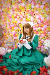 Rating: Safe Score: 0 Tags: 1girl apron blurry blurry_foreground brown_hair depth_of_field dress flower flower_field green_dress lips long_hair long_sleeves sitting solo suiseiseki User: admin