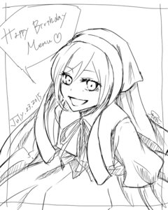 Rating: Safe Score: 0 Tags: 1girl :d english_text eyebrows_visible_through_hair greyscale image long_hair looking_at_viewer monochrome open_mouth signature sketch smile solo suiseiseki User: admin