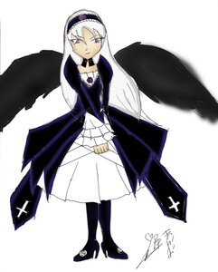 Rating: Safe Score: 0 Tags: 1girl black_wings boots dress frills full_body hairband high_heel_boots high_heels image long_hair long_sleeves looking_at_viewer pink_eyes puffy_sleeves signature simple_background solo standing suigintou white_background white_hair wings User: admin