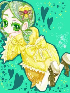 Rating: Safe Score: 0 Tags: 1girl aqua_background bow frills green_background green_eyes green_hair heart image kanaria personification smile solo User: admin