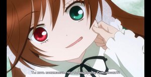 Rating: Safe Score: 0 Tags: 1girl :d blush brown_hair close-up frills green_eyes image letterboxed long_hair long_sleeves looking_at_viewer open_mouth red_eyes smile solo suiseiseki web_address User: admin