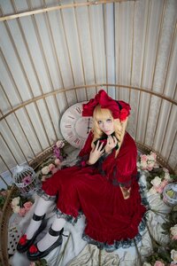 Rating: Safe Score: 0 Tags: 1girl blonde_hair blue_eyes dress flower lips long_hair mary_janes red_dress rose shinku shoes sitting solo User: admin